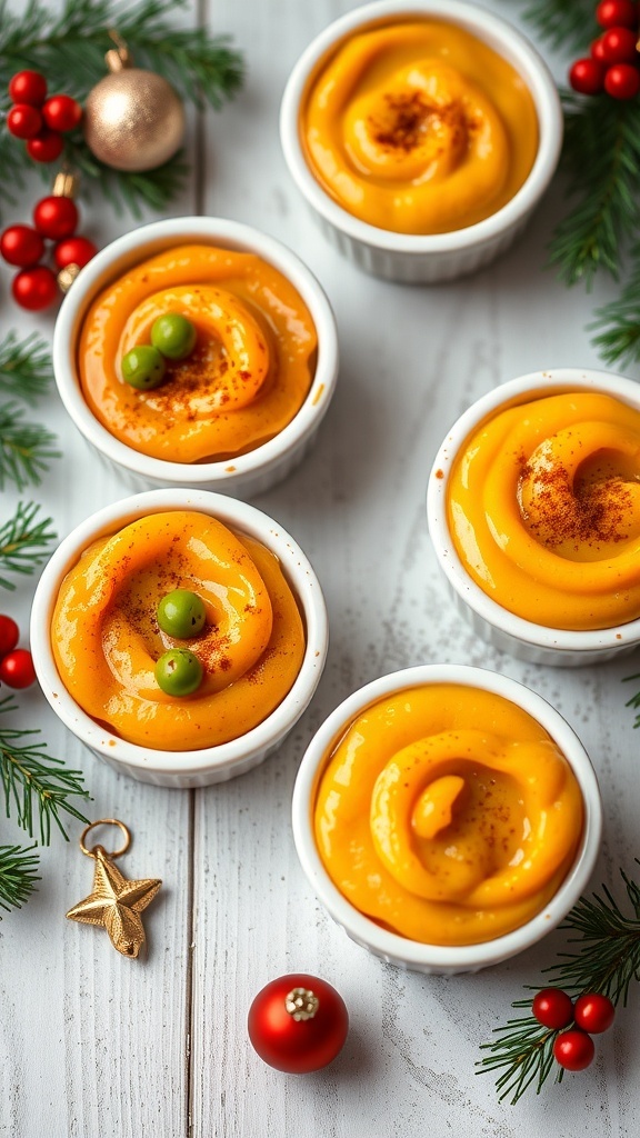 Colorful bowls of Christmas-themed baby food purees with holiday decorations.